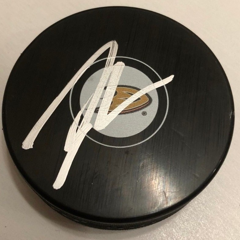 JOHN GIBSON SIGNED ANAHEIM DUCKS PUCK W/CASE COA