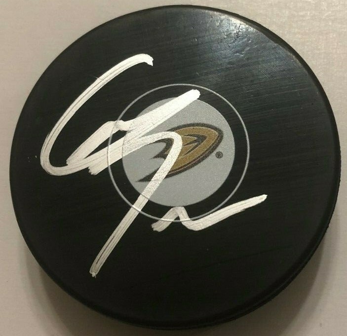 MAX JONES SIGNED ANAHEIM DUCKS HOCKEY PUCK W/ CASE COA