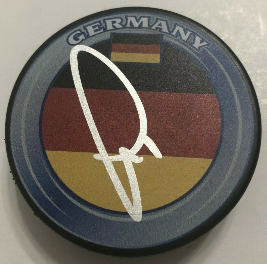 THOMAS GREISS SIGNED GERMANY HOCKEY PUCK W/ CASE ISLANDERS SHARKS COA