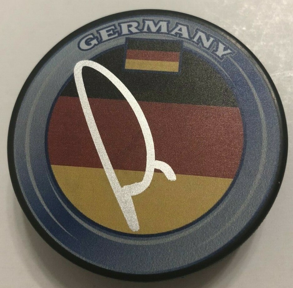 THOMAS GREISS SIGNED GERMANY HOCKEY PUCK W/ CASE ISLANDERS SHARKS COA