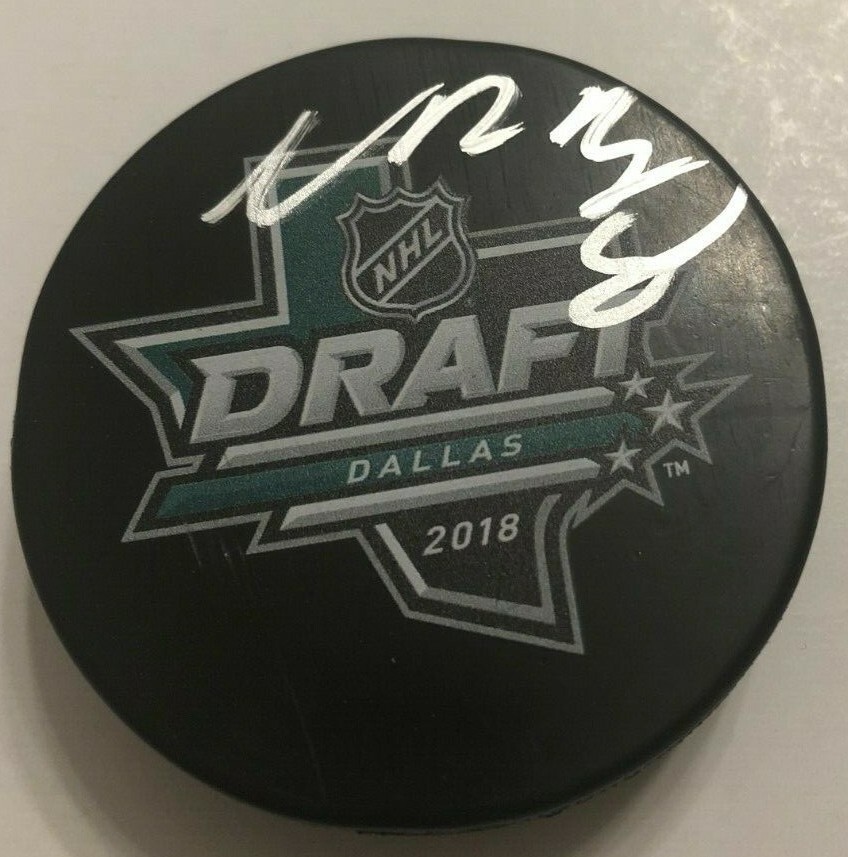 NOAH DOBSON SIGNED 2018 NHL DRAFT HOCKEY PUCK W/ CASE ISLANDERS COA
