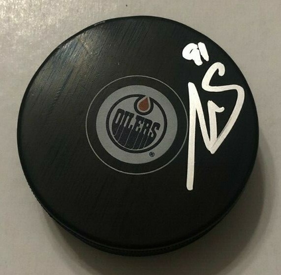 GAETAN HAAS SIGNED EDMONTON OILERS HOCKEY PUCK W/ CASE COA