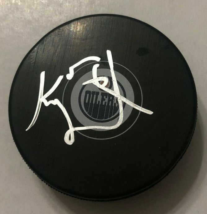 KAILER YAMAMOTO SIGNED EDMONTON OILERS HOCKEY PUCK W/ CASE COA