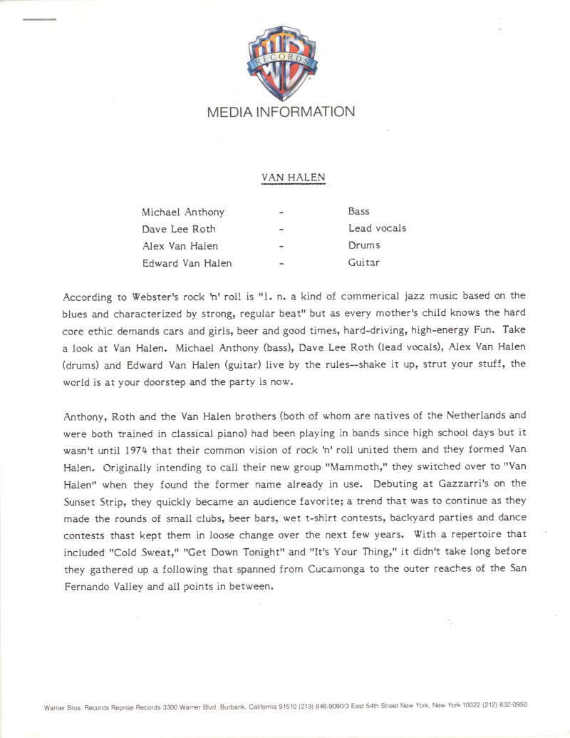 Van Halen Original Media Guide 1974 Warner Brothers