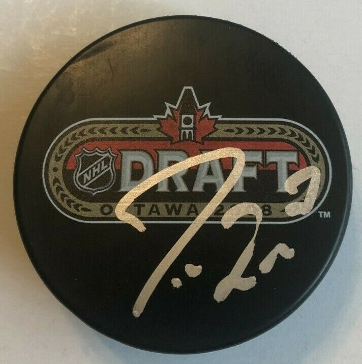 JORDAN EBERLE SIGNED 2008 NHL DRAFT PUCK W/ CASE ISLANDERS OILERS COA