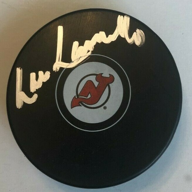 LOU LAMORIELLO SIGNED NEW JERSEY DEVILS HOCKEY PUCK W/ CASE COA