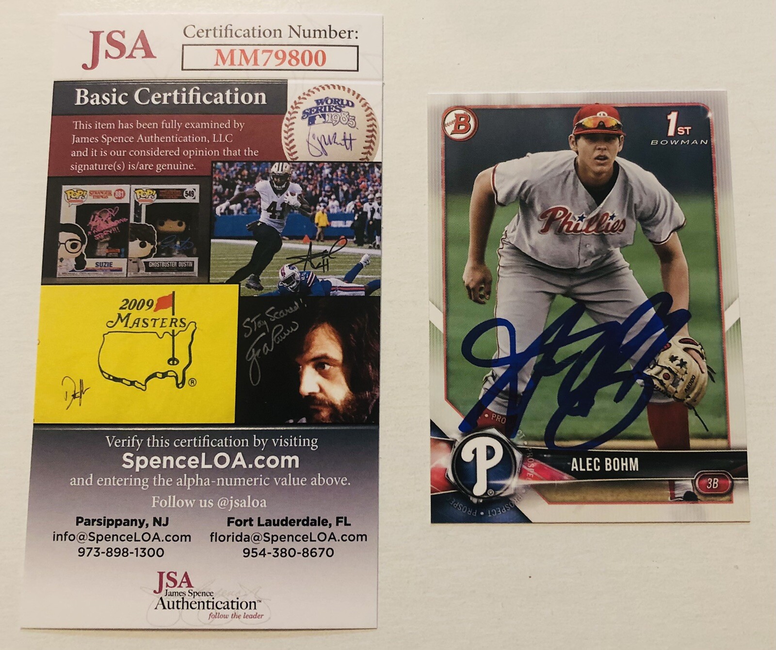 ALEC BOHM SIGNED 2018 BOWMAN DRAFT PROSPECT ROOKIE CARD PHILLIES JSA COA AUTO