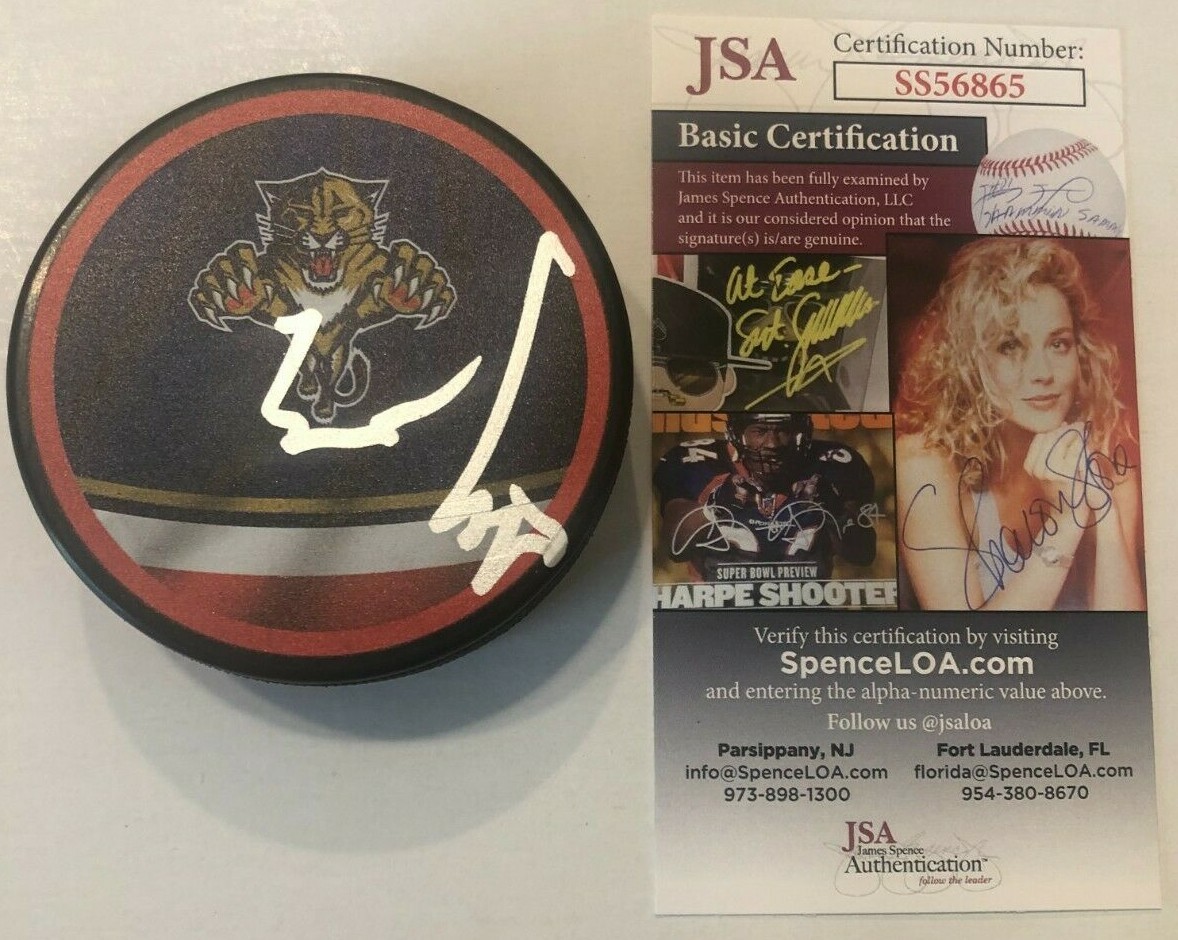 SPENCER KNIGHT SIGNED FLORIDA PANTHERS REVERSE RETRO HOCKEY PUCK W/ CASE JSA COA