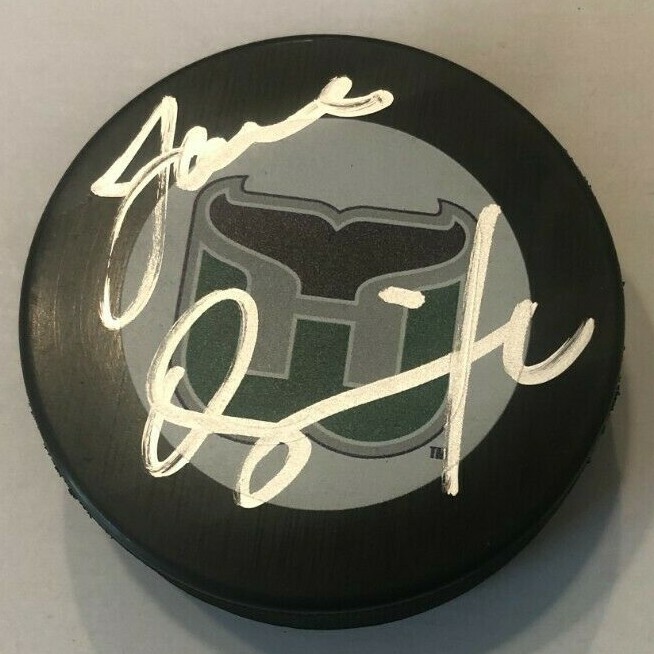 JOEL QUENNEVILLE SIGNED HARTFORD WHALERS HOCKEY PUCK W/ CASE COA