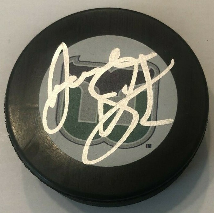JOEL QUENNEVILLE SIGNED HARTFORD WHALERS HOCKEY PUCK W/ CASE COA