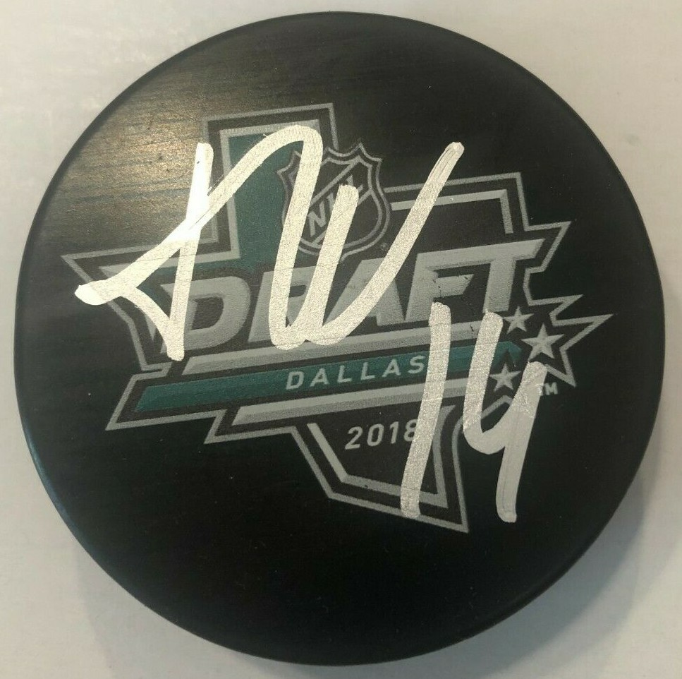 GRIGORI DENISENKO SIGNED 2018 NHL DRAFT HOCKEY PUCK W/ CASE FLORIDA PANTHERS COA