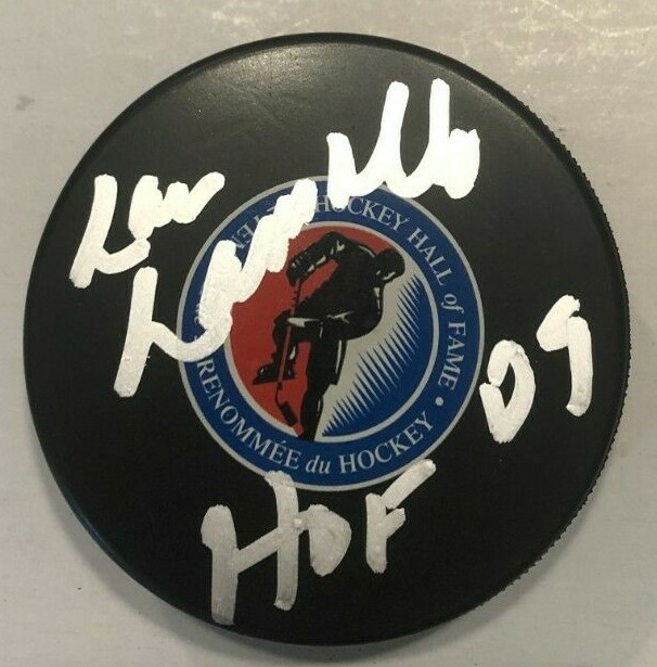 LOU LAMORIELLO SIGNED HOCKEY HALL OF FAME PUCK W/ CASE DEVILS ISLANDERS COA