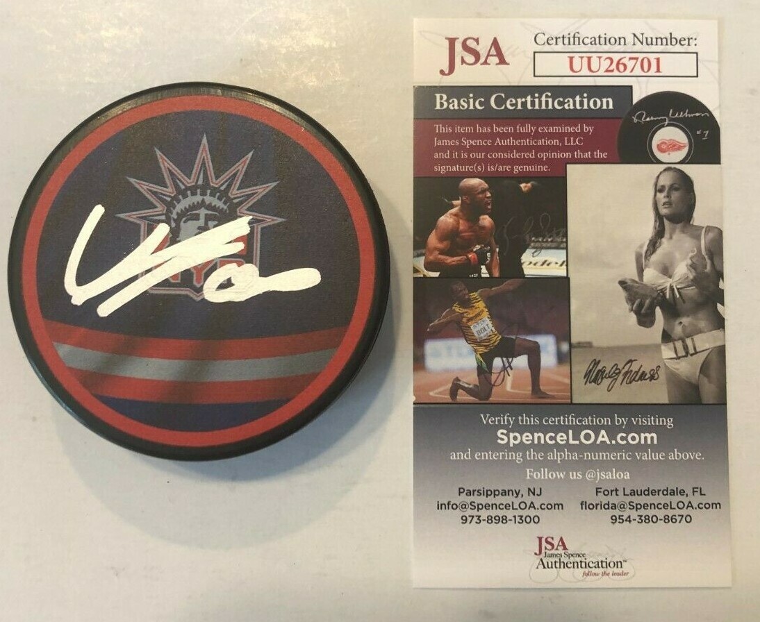 ADAM FOX SIGNED NEW YORK RANGERS REVERSE RETRO HOCKEY PUCK W/ CASE JSA COA