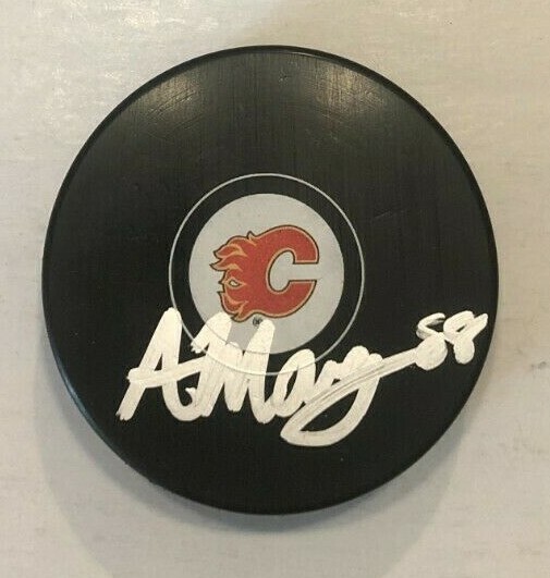 ANDREW MANGIAPANE SIGNED CALGARY FLAMES HOCKEY PUCK W/ CASE COA