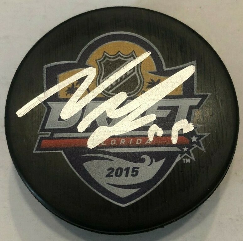NOAH HANIFIN SIGNED 2015 NHL DRAFT HOCKEY PUCK W/ CASE HURRICANES FLAMES COA