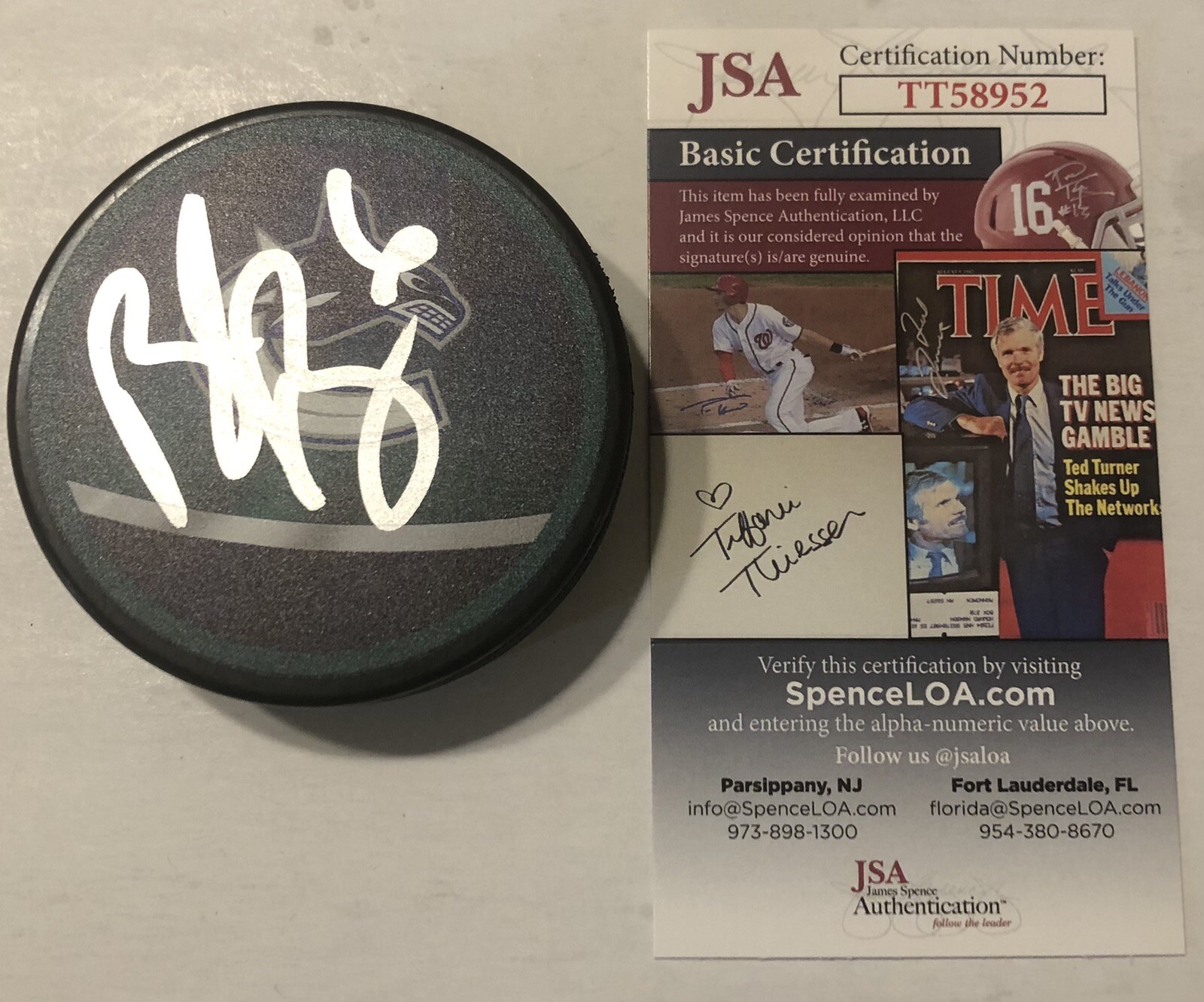 BROCK BOESER SIGNED VANCOUVER CANUCKS REVERSE RETRO HOCKEY PUCK W/ CASE JSA COA