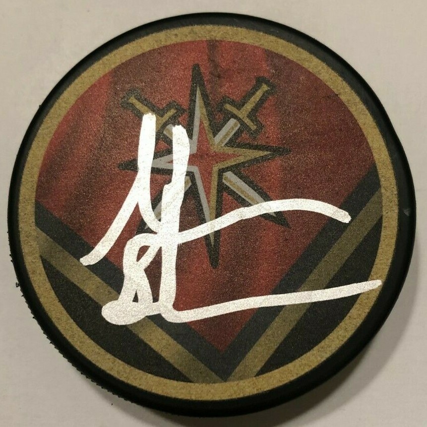 GEORGE MCPHEE SIGNED VEGAS GOLDEN KNIGHTS HOCKEY PUCK W/ CASE COA