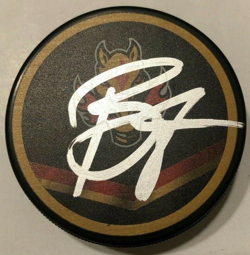 BOB BOUGHNER SIGNED CALGARY FLAMES HOCKEY PUCK W/ CASE COA