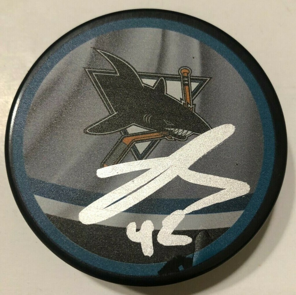 JONAH GADJOVICH SIGNED SAN JOSE SHARKS HOCKEY PUCK W/ CASE COA