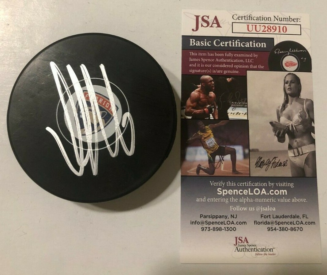 ALEKSANDER BARKOV SIGNED FLORIDA PANTHERS HOCKEY PUCK W/ CASE JSA COA
