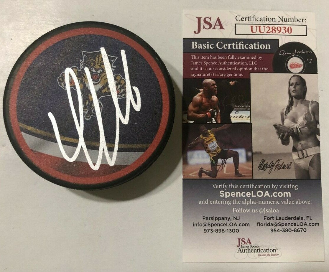 ALEKSANDER BARKOV SIGNED FLORIDA PANTHERS HOCKEY PUCK W/ CASE JSA COA