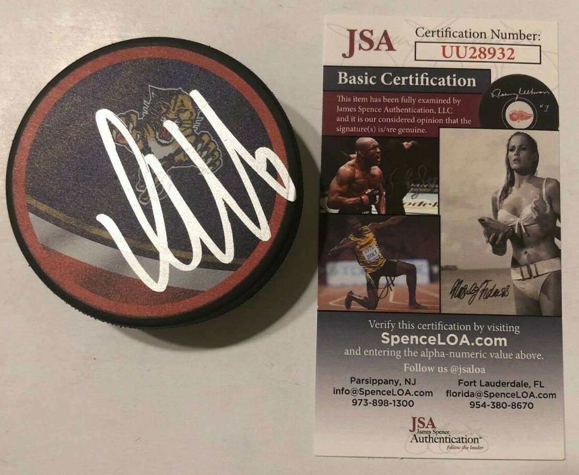 ALEKSANDER BARKOV SIGNED FLORIDA PANTHERS HOCKEY PUCK W/ CASE JSA COA
