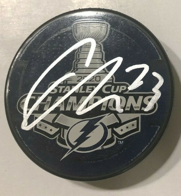CARTER VERHAEGHE SIGNED 2020 STANLEY CUP PUCK W/ CASE TAMPA BAY LIGHTNING COA