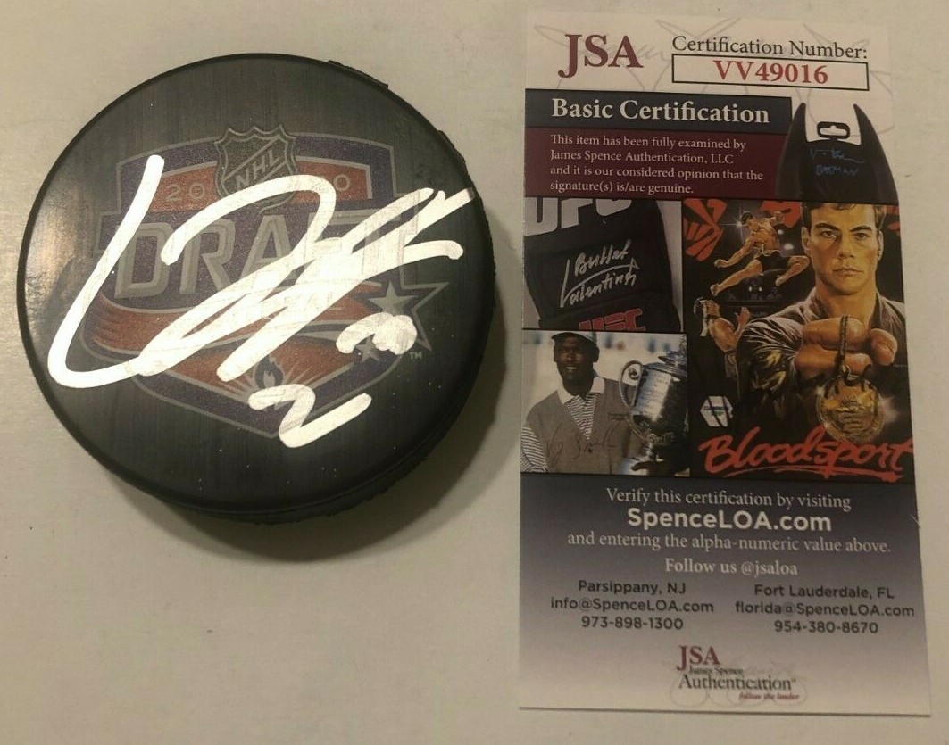 LUCAS RAYMOND SIGNED 2020 NHL DRAFT HOCKEY PUCK W CASE DETROIT RED WINGS JSA COA