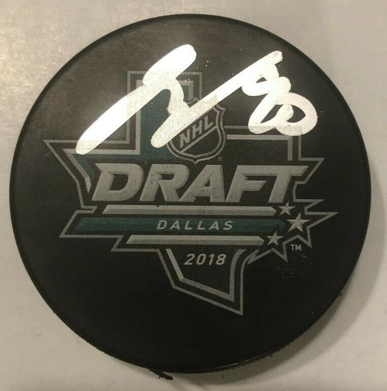JOE VELENO SIGNED 2018 NHL DRAFT HOCKEY PUCK W/ CASE DETROIT RED WINGS COA