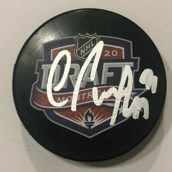 COLE PERFETTI SIGNED 2020 NHL DRAFT HOCKEY PUCK W/ CASE WINNIPEG JETS COA