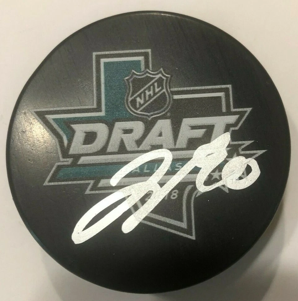 JOE VELENO SIGNED 2018 NHL DRAFT HOCKEY PUCK W/ CASE DETROIT RED WINGS COA