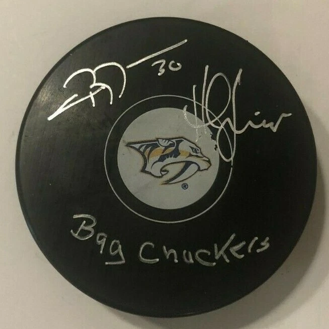 HAL GILL CHRIS MASON SIGNED NASHVILLE PREDATORS BAG CHUCKERS PUCK W/ CASE COA