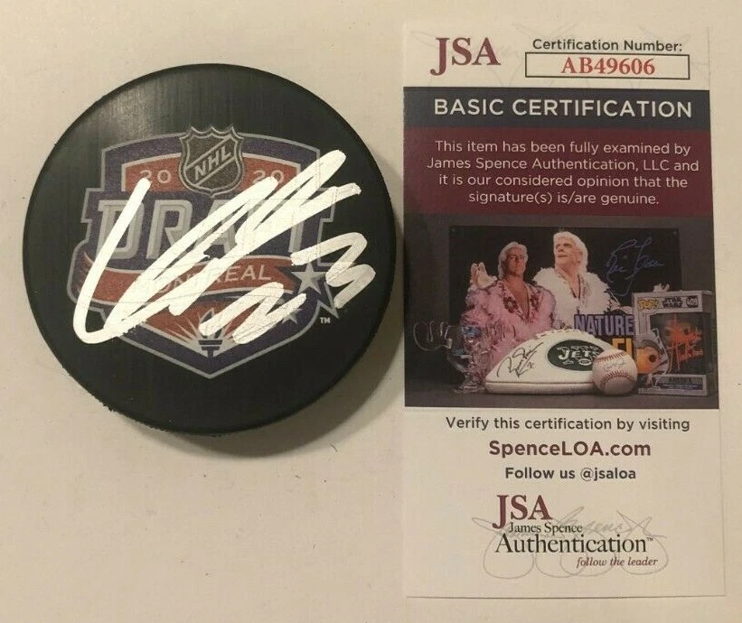 LUCAS RAYMOND SIGNED 2020 NHL DRAFT HOCKEY PUCK W CASE DETROIT RED WINGS JSA COA