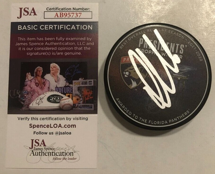 ALEKSANDER BARKOV SIGNED 2022 FLORIDA PANTHERS PRESIDENTS TROPHY PUCK W CASE JSA