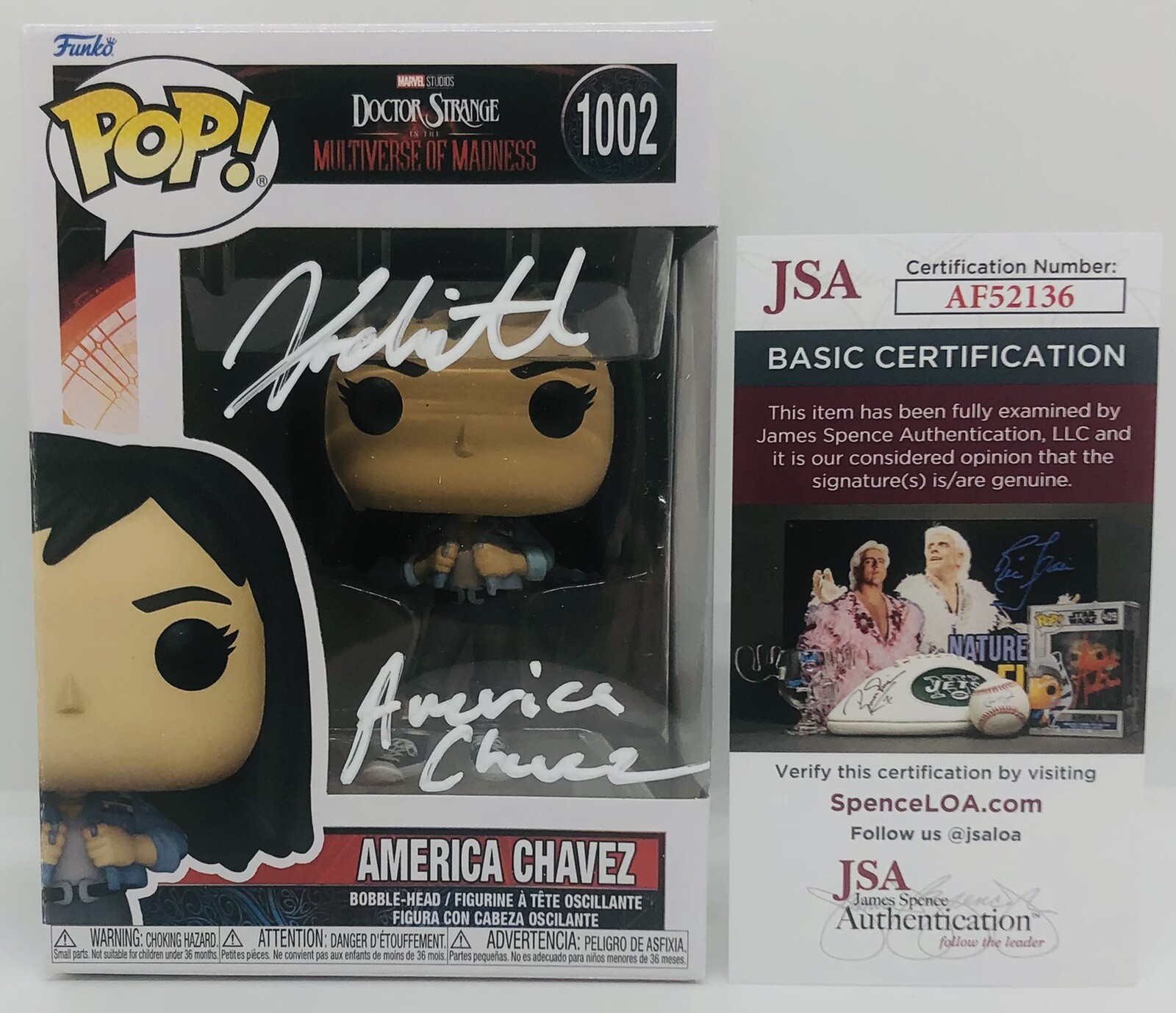XOCHITL GOMEZ SIGNED AMERICA CHAVEZ POP FUNKO FIGURE DOCTOR STRANGE PROOF JSA COLLECTIBLE MEMORABILIA