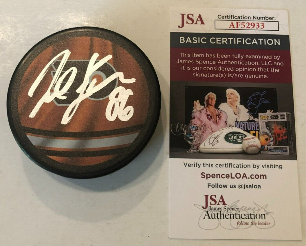 JOEL FARABEE SIGNED AUTOGRAPHED PHILADELPHIA FLYERS HOCKEY PUCK W/ CASE JSA COA