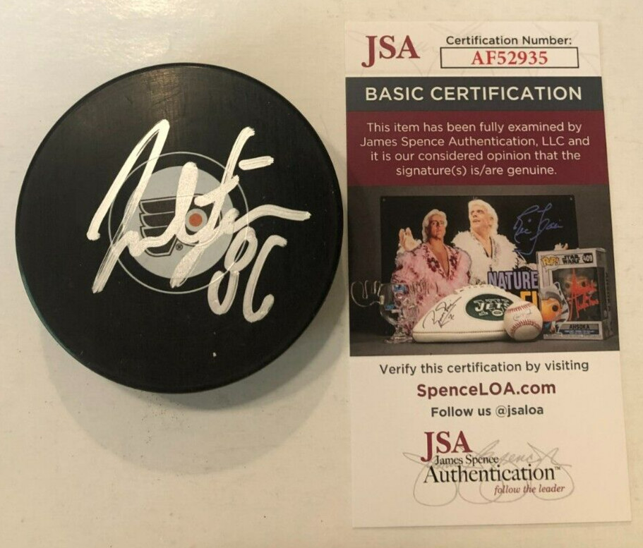 JOEL FARABEE SIGNED AUTOGRAPHED PHILADELPHIA FLYERS HOCKEY PUCK W/ CASE JSA COA