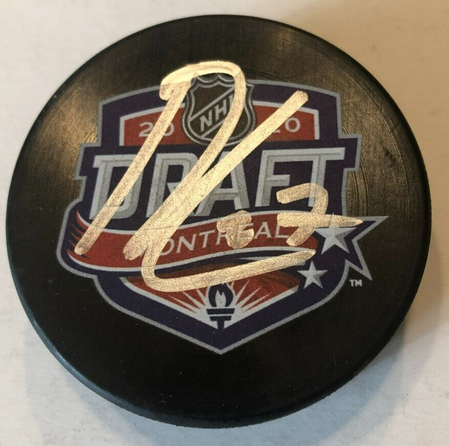 LUKAS REICHEL SIGNED 2020 NHL DRAFT HOCKEY PUCK W/ CASE CHICAGO BLACKHAWKS COA