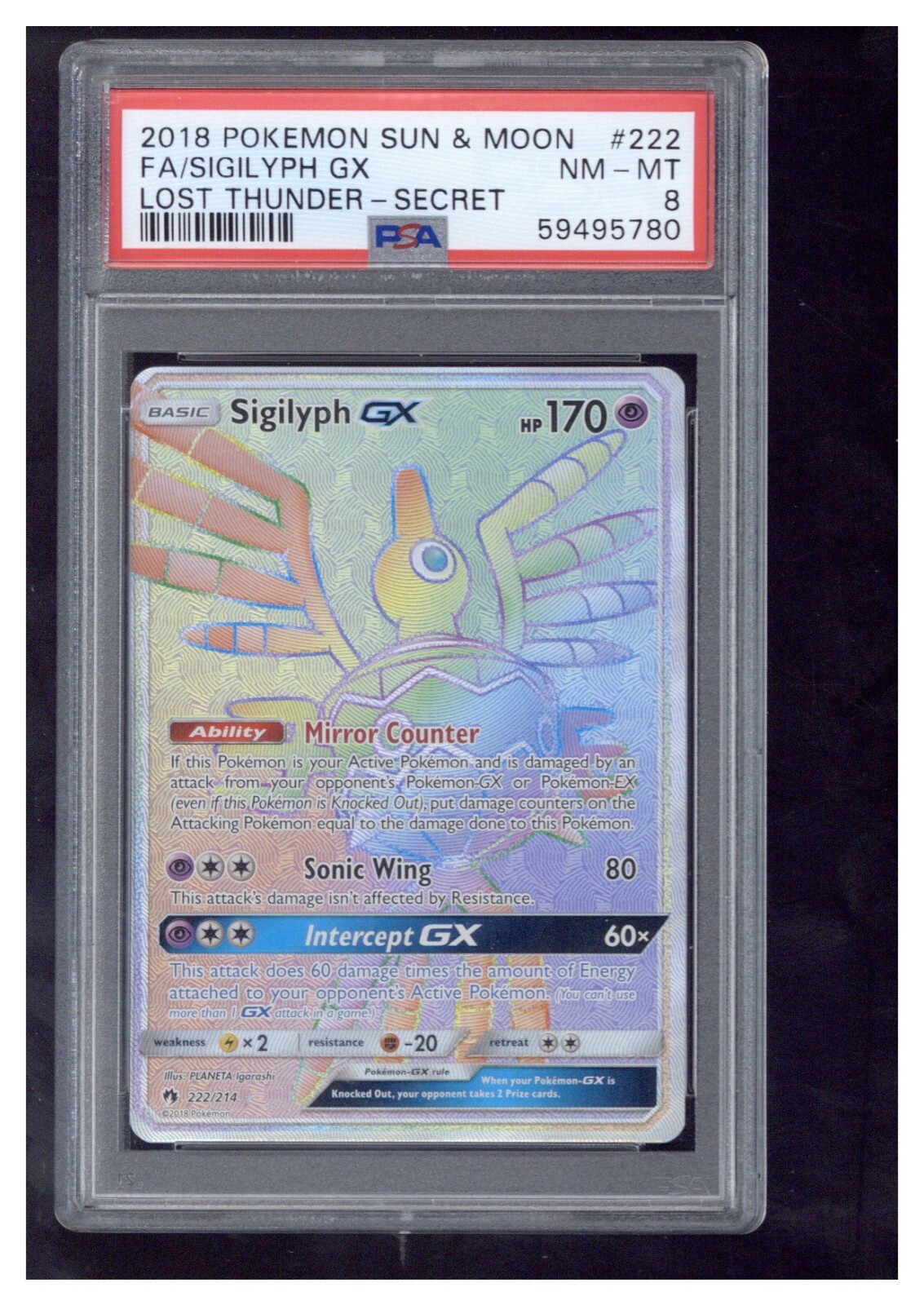 2018 Pokemon Sun & Moon Lost Thunder 222 Full Art/Sigilyph GX Secret PSA 8