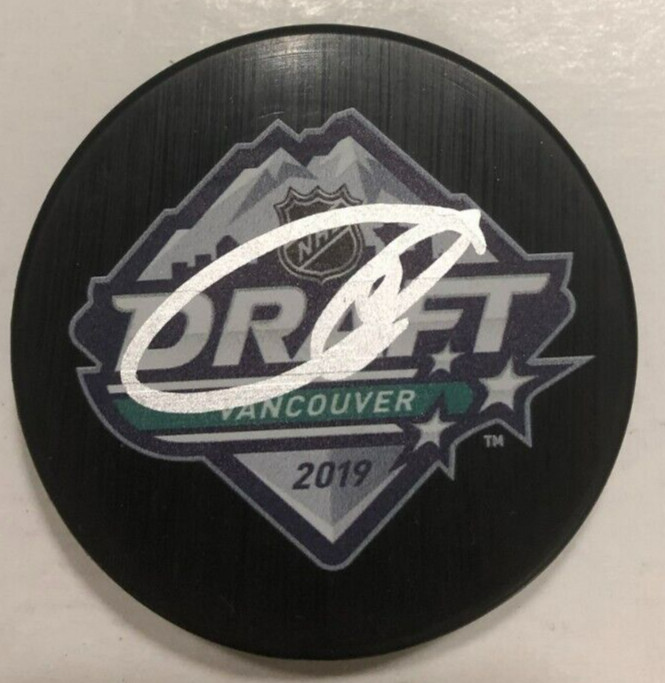 CONNOR MCMICHAEL SIGNED 2019 NHL DRAFT PUCK W/ CASE WASHINGTON CAPITALS COA