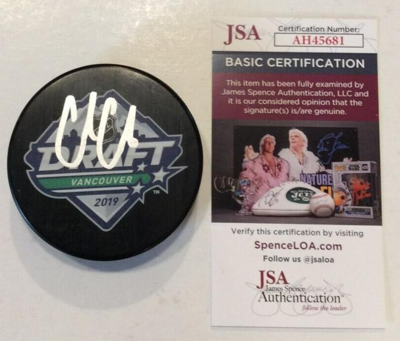 COLE CAUFIELD SIGNED 2019 NHL DRAFT HOCKEY PUCK W/ CASE MONTREAL CANADIENS JSA