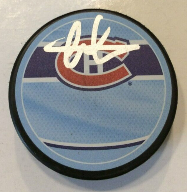 ARBER XHEKAJ SIGNED MONTREAL CANADIENS REVERSE RETRO HOCKEY PUCK W/ CASE COA