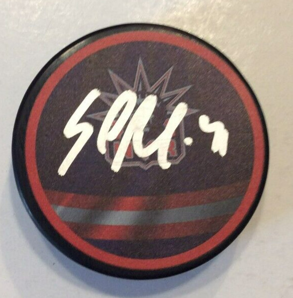 SAMMY BLAIS SIGNED NEW YORK RANGERS HOCKEY PUCK W/ CASE COA