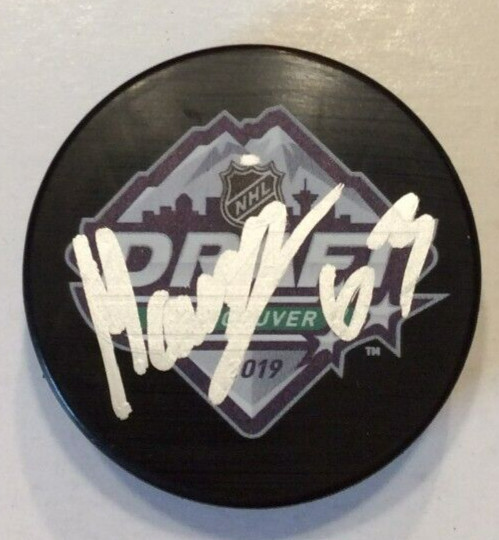 MATIAS MACCELLI SIGNED 2019 NHL DRAFT HOCKEY PUCK W/ CASE ARIZONA COYOTES COA