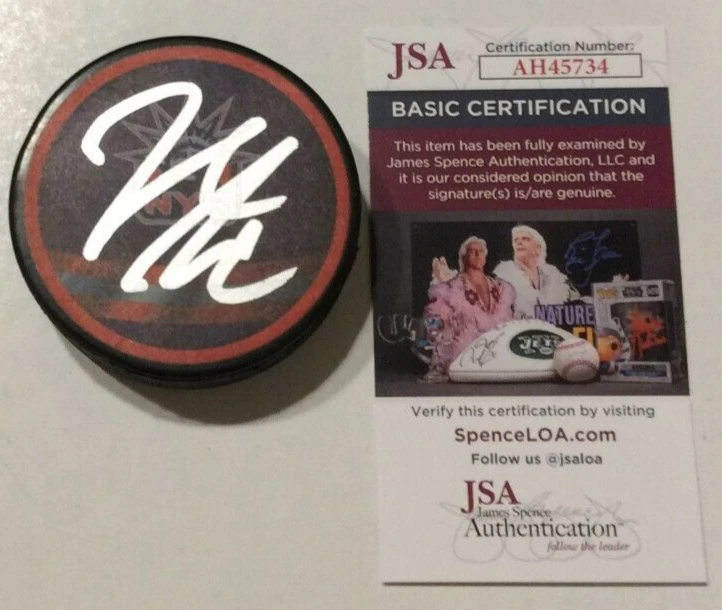 JACOB TROUBA SIGNED NEW YORK RANGERS HOCKEY PUCK W/ CASE JSA COA