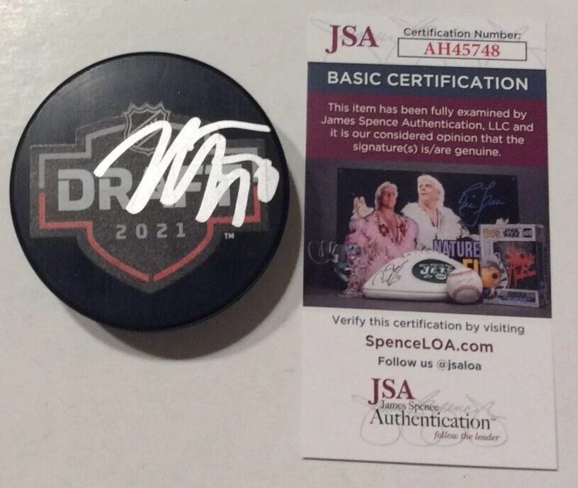 KENT JOHNSON SIGNED 2021 NHL DRAFT HOCKEY PUCK W/ CASE COLUMBUS BLUE JACKETS JSA