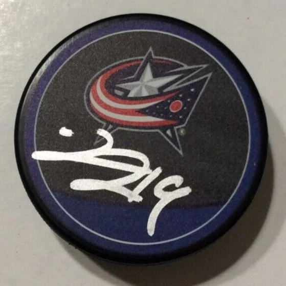 LIAM FOUDY SIGNED COLUMBUS BLUE JACKETS HOCKEY PUCK W/ CASE COA
