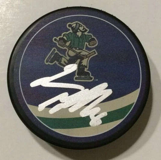 CONOR GARLAND SIGNED VANCOUVER CANUCKS REVERSE RETRO HOCKEY PUCK W/ CASE COA