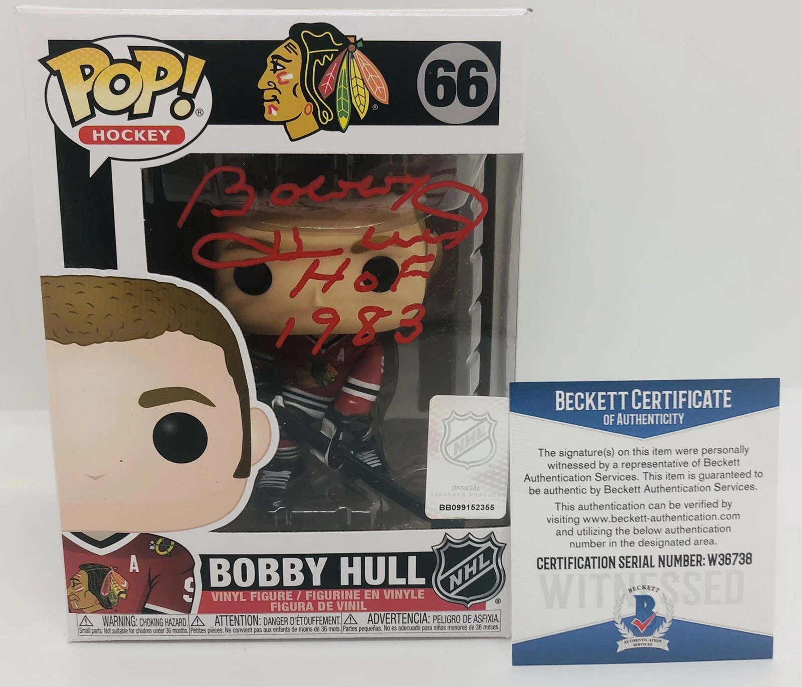 BOBBY HULL SIGNED POP FUNKO FIGURE NHL LEGEND CHICAGO BLACKHAWKS PROOF BAS COA