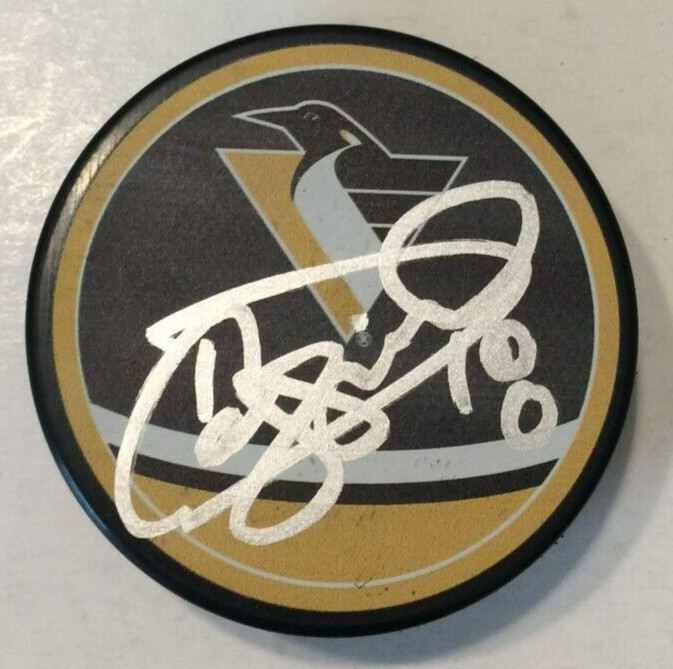 DRAKE CAGGIULA SIGNED PITTSBURGH PENGUINS HOCKEY PUCK W/ CASE COA